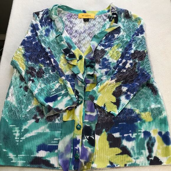 St John womens M abstract floral button up open knit cardigan ruffles cotton - Picture 7 of 12